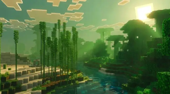 Sunrays stream through lush, blocky jungle.