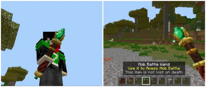 1. Character holding a green jeweled wand 2. Wand selected with battle instructions shown